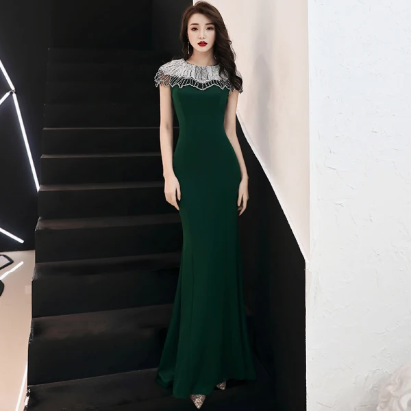 Elegant Dark Green Evening Dresses  2019 Trumpet / Mermaid Scoop Neck Beading Short Sleeve Floor-Length / Long Formal Dresses