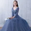 Chic / Beautiful Ocean Blue Evening Dresses  2018 A-Line / Princess Appliques V-Neck Backless 3/4 Sleeve Floor-Length / Long Formal Dresses