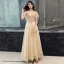 Elegant Champagne Evening Dresses  2019 A-Line / Princess Beading Crystal Sequins Lace Flower Backless V-Neck Short Sleeve Floor-Length / Long Formal Dresses