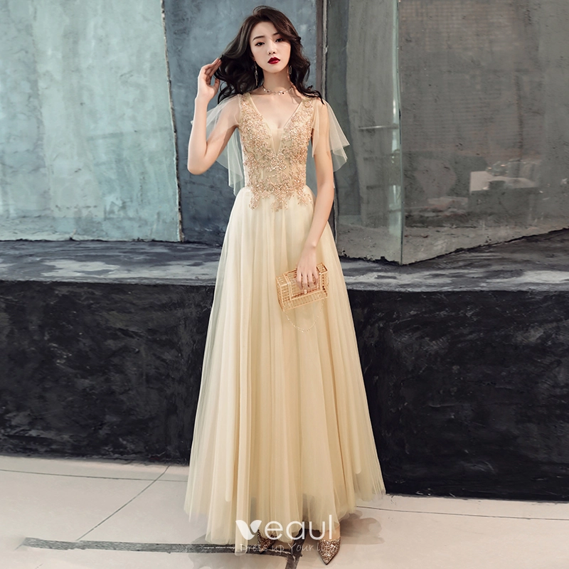 Elegant Champagne Evening Dresses 2019 A Line Princess Beading Crystal Sequins Lace Flower Backless V Neck