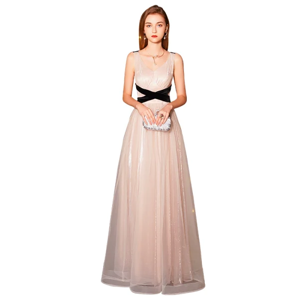 Modern / Fashion Champagne Evening Dresses  2019 A-Line / Princess V-Neck Bow Sleeveless Backless Floor-Length / Long Formal Dresses