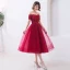 Chic / Beautiful Burgundy Evening Dresses  2019 A-Line / Princess Off-The-Shoulder Beading Crystal Lace Flower Short Sleeve Backless Tea-length Formal Dresses