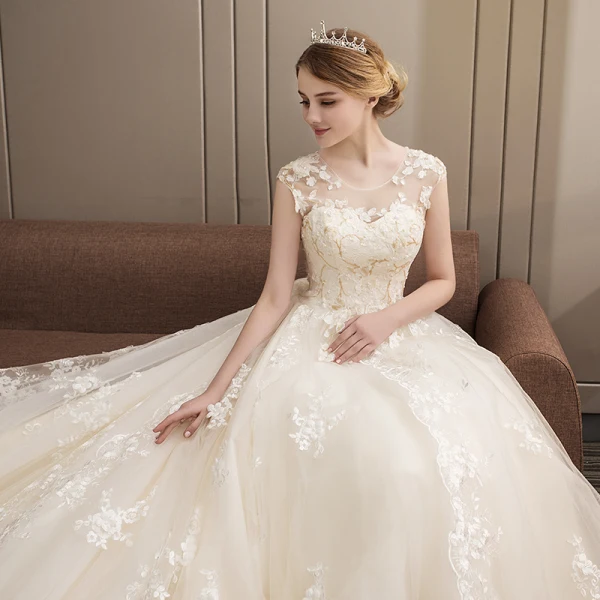 Charming Champagne Wedding Dresses 2019 A-Line / Princess V-Neck Beading Lace Flower Bell sleeves Backless Sweep Train