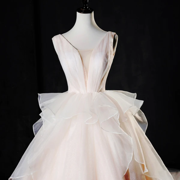 Luxury / Gorgeous Champagne Wedding Dresses 2019 A-Line / Princess V-Neck Glitter Tulle Cascading Ruffles Sleeveless Backless Cathedral Train
