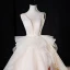 Luxury / Gorgeous Champagne Wedding Dresses 2019 A-Line / Princess V-Neck Glitter Tulle Cascading Ruffles Sleeveless Backless Cathedral Train