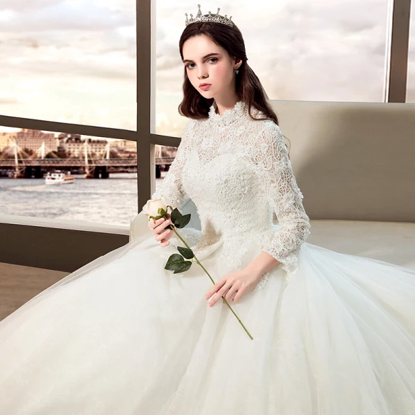 Elegant Ivory Wedding Dresses 2019 A-Line / Princess Scoop Neck Beading Pearl Sequins Lace Flower 3/4 Sleeve Cathedral Train
