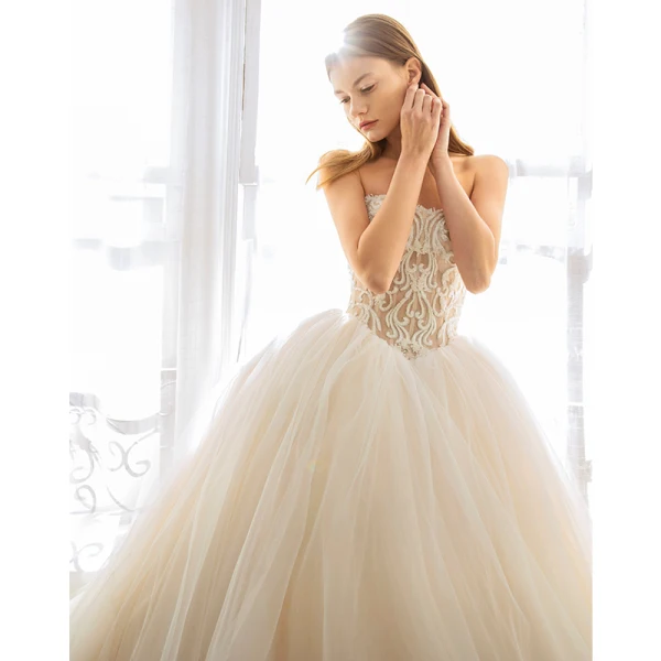 Modern / Fashion Champagne Wedding Dresses 2019 Ball Gown Strapless Lace Beading Sleeveless Backless Cathedral Train Wedding