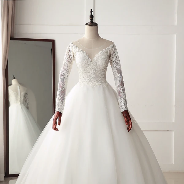 Chic / Beautiful Ivory Wedding Dresses 2019 A-Line / Princess Scoop Neck Buttons Lace Flower Long Sleeve Sweep Train