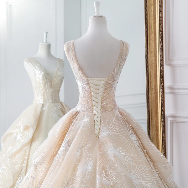 Luxury / Gorgeous Champagne Wedding Dresses 2019 A-Line / Princess V-Neck Sequins Cascading Ruffles Sleeveless Backless Cathedral Train