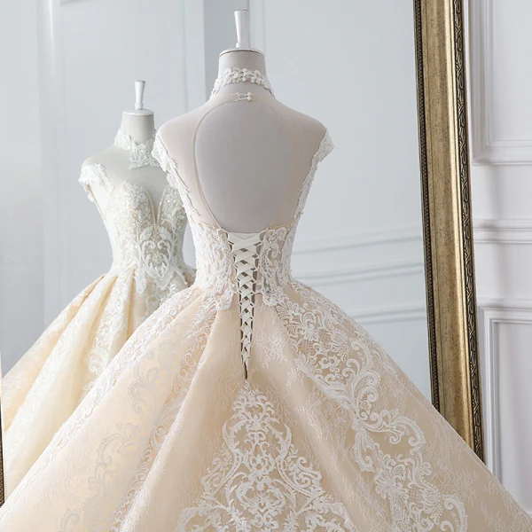 Luxury / Gorgeous Champagne Wedding Dresses 2019 A-Line / Princess High Neck Beading Pearl Crystal Lace Flower Sleeveless Backless Cathedral Train