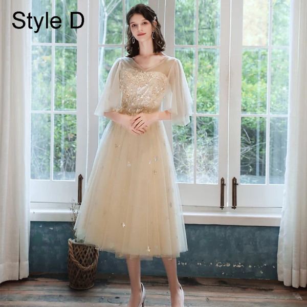 Chic / Beautiful Champagne Bridesmaid Dresses 2021 A-Line / Princess Scoop Neck Lace Flower Appliques Rhinestone Short Sleeve Backless Tea-length Wedding Party Dresses