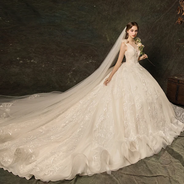 Charmant Champagner Brautkleider / Hochzeitskleider 2019 A Linie Durchsichtige Tiefer V-Ausschnitt Spitze Blumen Applikationen Ärmellos Rückenfreies Kathedrale Schleppe