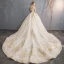 Audrey Hepburn Style Champagne Wedding Dresses 2019 A-Line / Princess Off-The-Shoulder Beading Pearl Lace Flower Short Sleeve Backless Cathedral Train