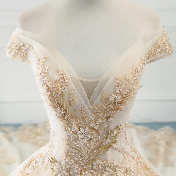 Charming Champagne Wedding Dresses 2019 A-Line / Princess Off-The-Shoulder Rhinestone Lace Flower Short Sleeve Backless Cathedral Train