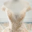 Charming Champagne Wedding Dresses 2019 A-Line / Princess Off-The-Shoulder Rhinestone Lace Flower Short Sleeve Backless Cathedral Train