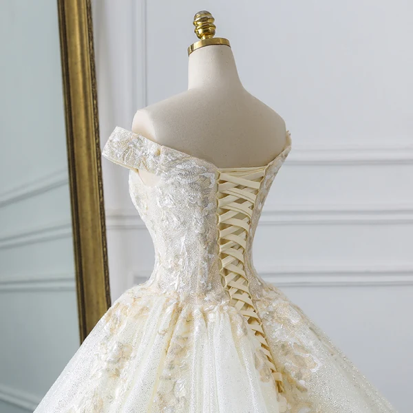Elegant Champagne Wedding Dresses 2019 A-Line / Princess Off-The-Shoulder Sequins Lace Flower Short Sleeve Backless Cathedral Train