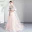 Elegant Blushing Pink Prom Dresses 2019 A-Line / Princess Scoop Neck Embroidered Appliques Pearl Rhinestone 3/4 Sleeve Sweep Train Formal Dresses