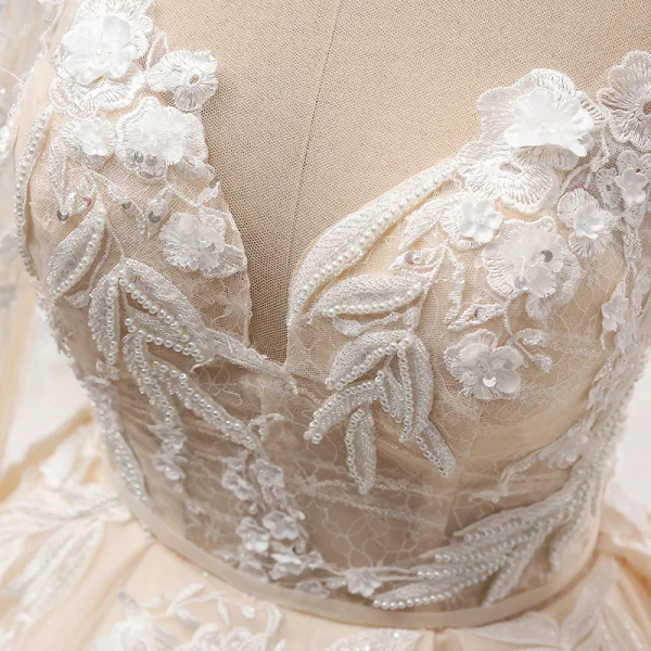 Chic / Beautiful Champagne Wedding Dresses 2019 A-Line / Princess Scoop Neck Lace Flower Appliques Beading Pearl Sequins Long Sleeve Backless Cathedral Train
