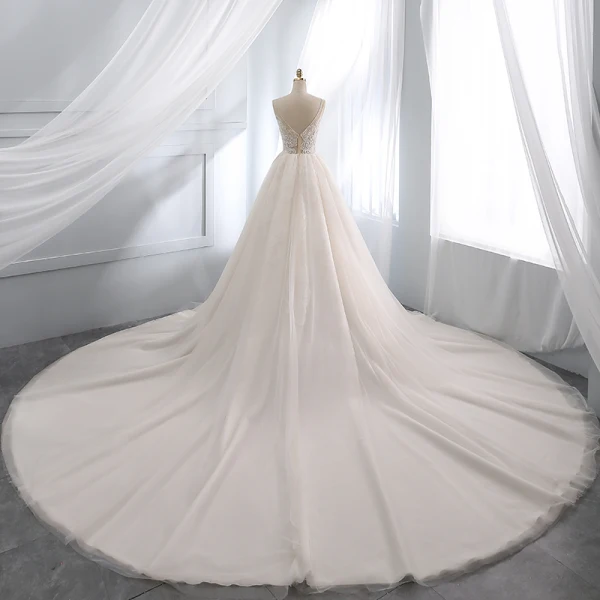Chic / Beautiful Champagne Wedding Dresses 2019 A-Line / Princess Deep V-Neck Beading Lace Flower Short Sleeve Backless Chapel Train
