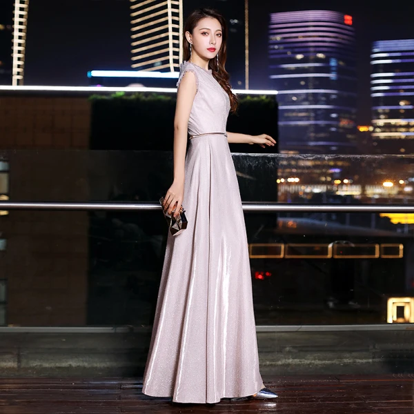 Chic / Beautiful Blushing Pink Evening Dresses 2019 A-Line / Princess Scoop Neck Glitter Polyester Sash Sleeveless Floor-Length / Long Formal Dresses