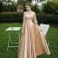 Modest / Simple Champagne Satin Embroidered Bridesmaid Dresses 2021 A-Line / Princess Scoop Neck 1/2 Sleeves Backless Floor-Length / Long Wedding Party Dresses