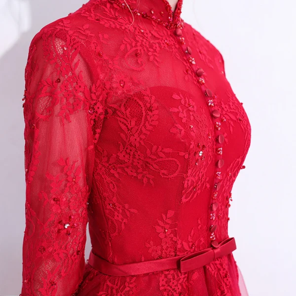 Chinese style Burgundy Evening Dresses 2019 A-Line / Princess High Neck Lace Flower Crystal Sequins Bow 1/2 Sleeves Backless Floor-Length / Long Formal Dresses