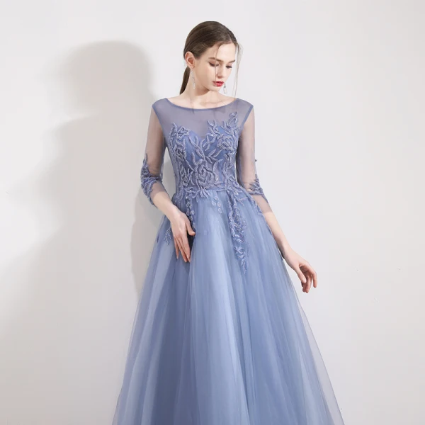 Chic / Beautiful Sky Blue Evening Dresses  2019 A-Line / Princess Scoop Neck Beading Sequins Lace Flower 3/4 Sleeve Floor-Length / Long Formal Dresses