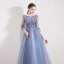 Chic / Beautiful Sky Blue Evening Dresses  2019 A-Line / Princess Scoop Neck Beading Sequins Lace Flower 3/4 Sleeve Floor-Length / Long Formal Dresses