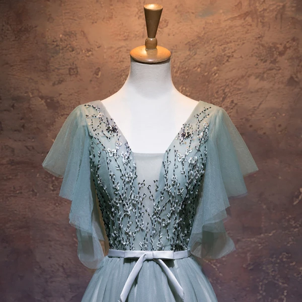 Elegant Sage Green Evening Dresses 2019 A-Line / Princess V-Neck Beading Sequins Lace Flower Bow Short Sleeve Backless Floor-Length / Long Formal Dresses