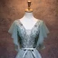 Elegant Sage Green Evening Dresses  2019 A-Line / Princess V-Neck Beading Sequins Lace Flower Bow Short Sleeve Backless Floor-Length / Long Formal Dresses