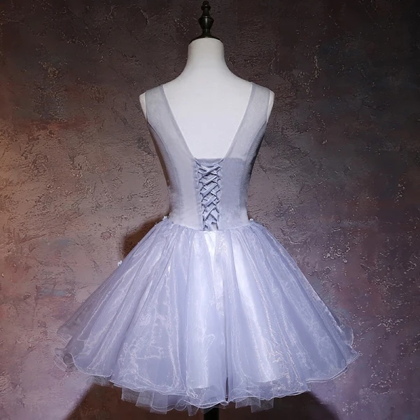 Elegant Grey Party Dresses 2019 A-Line / Princess V-Neck Appliques Lace Flower Sleeveless Backless Short Formal Dresses