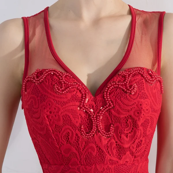 Chic / Belle Bordeaux Robe De Soirée 2019 Trompette / Sirène V-Cou En Dentelle Perlage Perle Sans Manches Longue Robe De Ceremonie