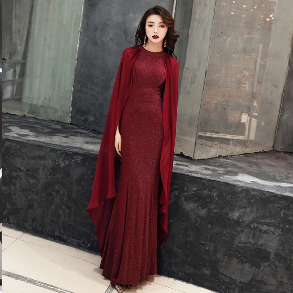 Chic / Beautiful Burgundy Evening Dresses 2019 Trumpet / Mermaid Scoop Neck Glitter Polyester Sleeveless Floor-Length / Long Formal Dresses