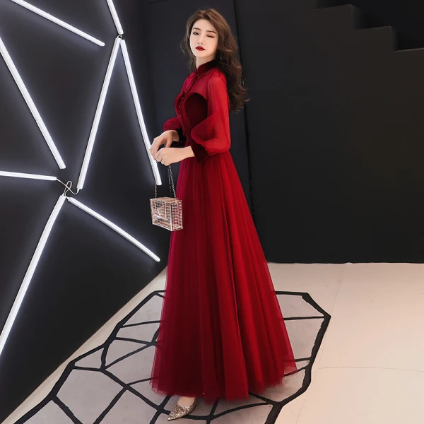 Élégant Bordeaux Robe De Soirée 2019 Princesse Col Haut Daim Noeud Manches Longues Dos Nu Longue Robe De Ceremonie
