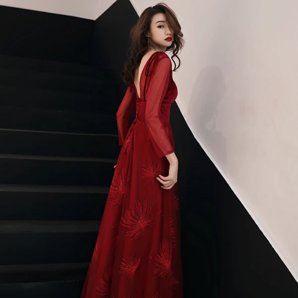 Elegant Burgundy Evening Dresses 2019 A-Line / Princess Scoop Neck Suede Bow Sequins Long Sleeve Backless Floor-Length / Long Formal Dresses