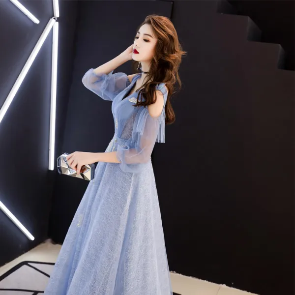 Chic / Beautiful Sky Blue Evening Dresses 2019 A-Line / Princess V-Neck Lace Flower 1/2 Sleeves Backless Floor-Length / Long Formal Dresses