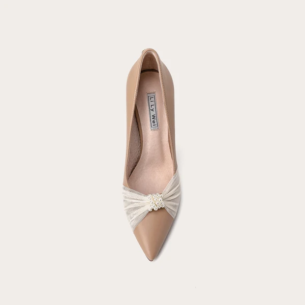 Elegant Beige Evening Party Pearl Pumps 2021 Leather 10 cm Stiletto Heels Pointed Toe Pumps High Heels