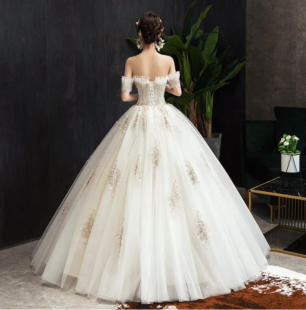 Classy Champagne Wedding Dresses 2019 Ball Gown Ruffle Off-The-Shoulder Beading Lace Flower Short Sleeve Backless Floor-Length / Long