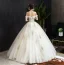 Classy Champagne Wedding Dresses 2019 Ball Gown Ruffle Off-The-Shoulder Beading Lace Flower Short Sleeve Backless Floor-Length / Long