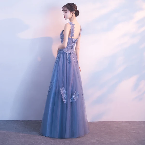 Chic / Beautiful Sky Blue Evening Dresses 2018 A-Line / Princess Appliques Shoulders Backless Sleeveless Floor-Length / Long Formal Dresses