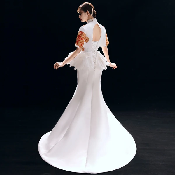 Chinese style Vintage / Retro Ivory Evening Dresses 2019 Trumpet / Mermaid High Neck Embroidered 1/2 Sleeves Backless Court Train Formal Dresses