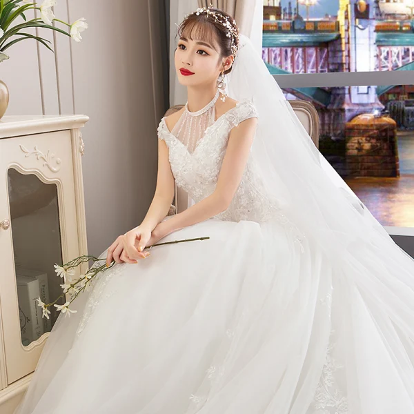 Chic / Beautiful Ivory Wedding Dresses 2019 A-Line / Princess Halter Beading Pearl Sequins Appliques Lace Flower Short Sleeve Backless Cathedral Train Chic / Beautiful Ivory Wedding Dresses 2019 A-Line / Princess Halter Beading Pearl Sequins Appliques Lace Flower Short Sleeve Backless Cathedral Train