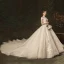 Élégant Champagne Robe De Mariée 2019 Princesse Col Haut Perlage En Dentelle Fleur Mancherons Dos Nu Cathedral Train