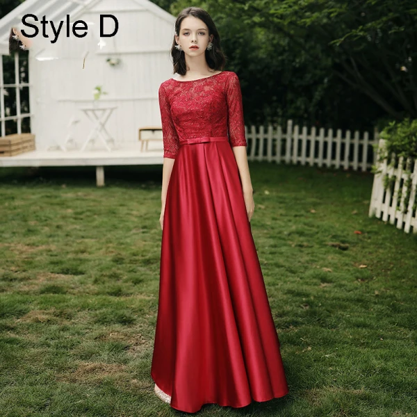 Modest / Simple Red Satin Bridesmaid Dresses 2021 A-Line / Princess Scoop Neck Bow Lace Flower 1/2 Sleeves Backless Floor-Length / Long Wedding Party Dresses