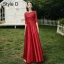 Modest / Simple Red Satin Bridesmaid Dresses 2021 A-Line / Princess Scoop Neck Bow Lace Flower 1/2 Sleeves Backless Floor-Length / Long Wedding Party Dresses