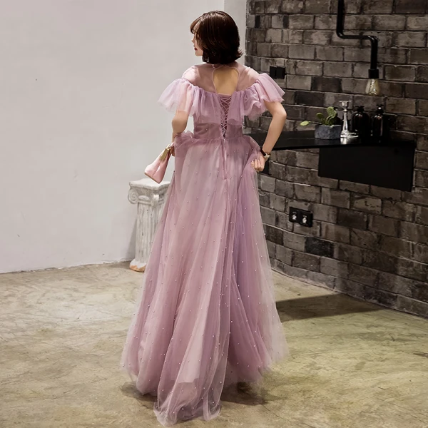 Chic / Beautiful Blushing Pink Evening Dresses  2019 A-Line / Princess Scoop Neck Pearl Short Sleeve Backless Ruffle Floor-Length / Long Formal Dresses