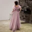Chic / Beautiful Blushing Pink Evening Dresses  2019 A-Line / Princess Scoop Neck Pearl Short Sleeve Backless Ruffle Floor-Length / Long Formal Dresses