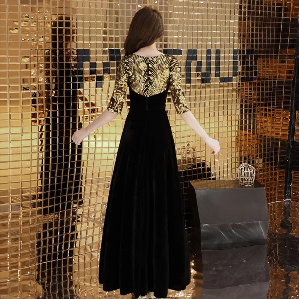 Elegant Black Evening Dresses 2019 A-Line / Princess Scoop Neck Sequins Suede 1/2 Sleeves Floor-Length / Long Formal Dresses