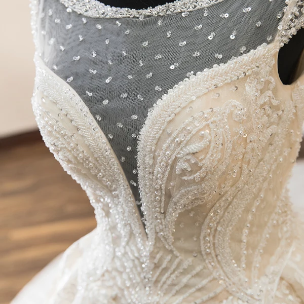 Luxury / Gorgeous Champagne Wedding Dresses 2019 A-Line / Princess Scoop Neck Beading Pearl Sequins Lace Flower Cap Sleeves Backless Cathedral Train