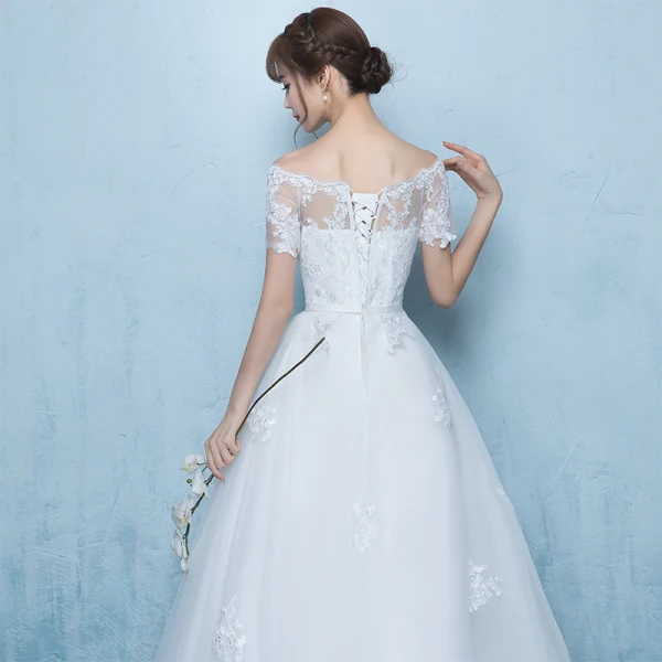 Elegant White Asymmetrical Wedding Dresses 2019 A-Line / Princess Off-The-Shoulder Sash Lace Flower Short Sleeve Backless